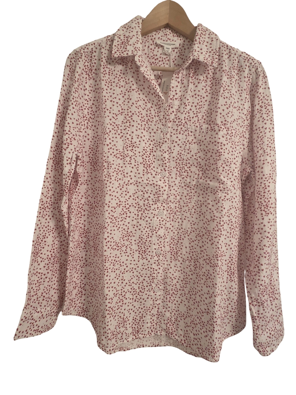 Beachlunchlounge Pink Top with Red Ditsy Heart Print Long Sleeve Buttom Up Shirt